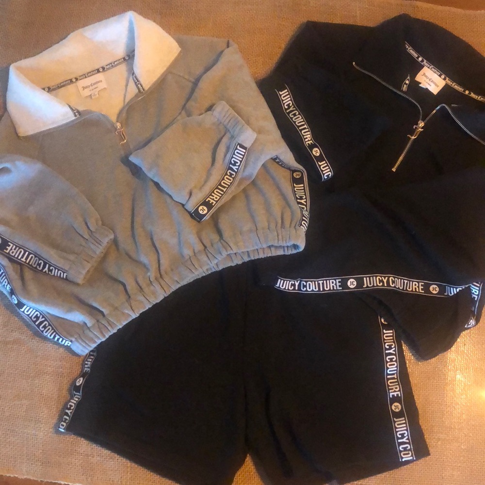 Two Authentic Juicy Couture crop sweatshirts and one pair black shorts